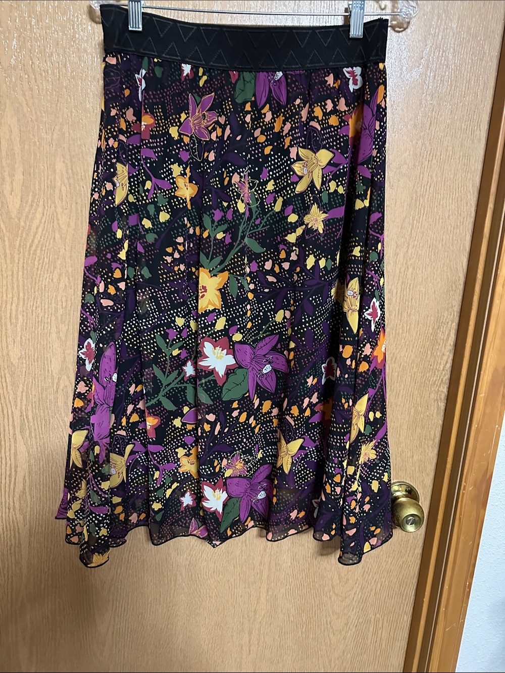 LuLaRoe Black Floral A-Line Skirt with Purple and Yellow Blooms